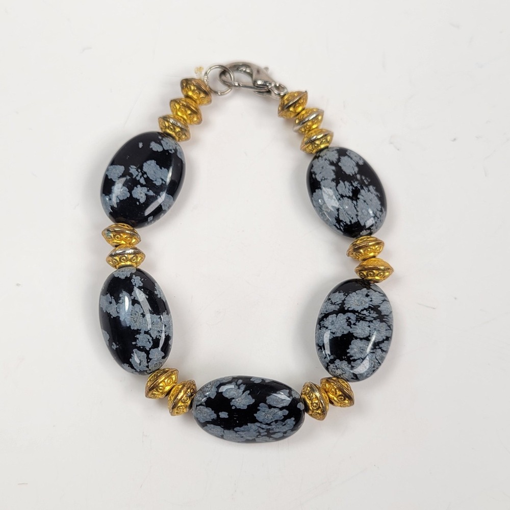 Snowflake Obsidian Small Beaded Bracelet‎ Black Gold Tone Oval 5.5" Jewelry